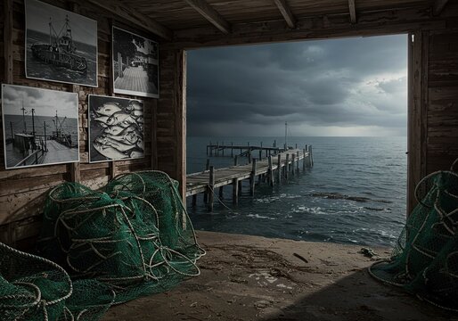 Dramatic seascape from rustic fishing shack, featuring nets, photographs, and a weathered pier disappearing into the stormy sea beneath dark ominous clouds