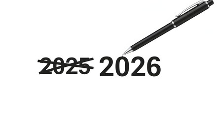 A black pen crosses out the year 2025 and writes the new year 2026, symbolizing a transition and the passage of time.