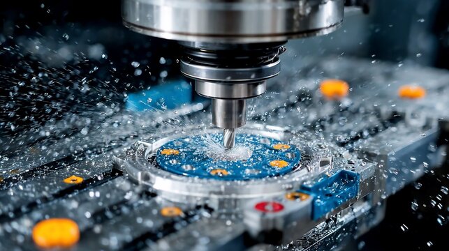 Precision Machining: Close-up of a CNC Milling Machine Cutting Metal with Coolant