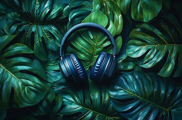 Deep Blue Headphones Nestled Among Lush Green Tropical Leaves, Creating a Serene and Immersive Auditory Experience