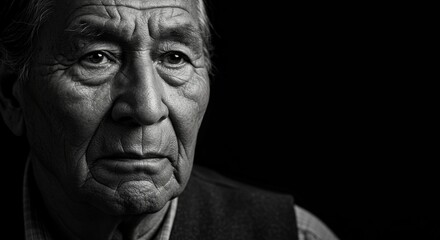 Close-up of older man with thoughtful expression. Portrait of an elderly native american male. National Native American Heritage Month concept.