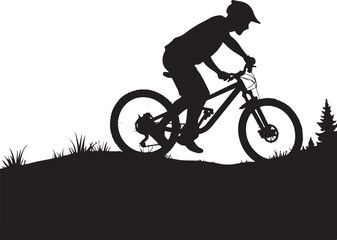 Fototapeta premium Black silhouette of cyclist on mountain bike riding downhill