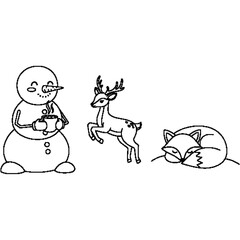 Naklejka premium A charming winter image featuring a snowman, a young deer, and a sleeping fox. This black and white illustration is perfect for children's coloring books or DIY Christmas cards.