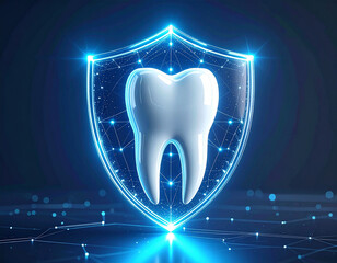 Shiny white tooth protected by glowing blue holographic shield dental protection