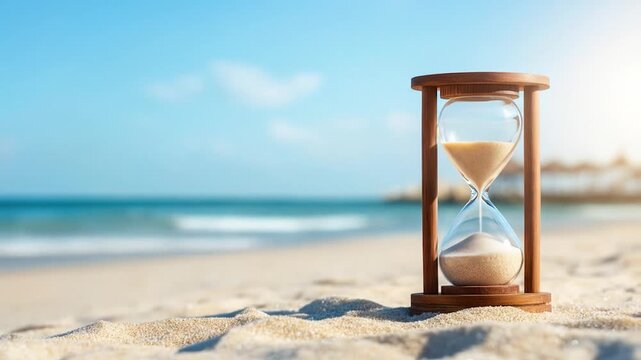 Hourglass sand timer on beach time concept deadline countdown