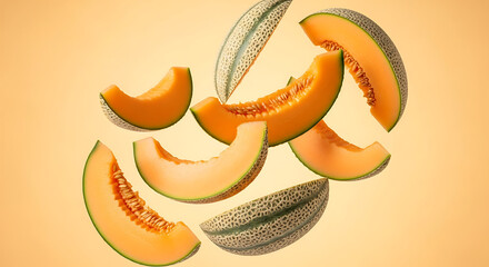 Sliced Cantaloupe Melon Pieces with Orange Flesh and Textured Rind.