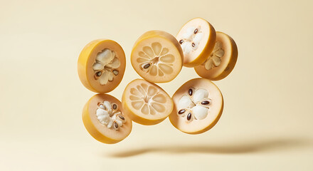 Sliced Custard Apples with Visible Seeds Floating in Air.