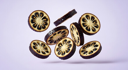 Sliced Exotic Dark Purple Fruit with StarPatterned Seeds Floating.