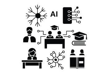 Vector illustration of ai and education icons set with students, books, and technology symbols