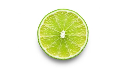 Close-up vibrant lime slice, displaying intricate textures on a white backdrop