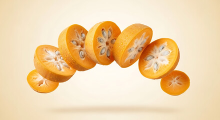 Sliced Orange Fruit Segments Floating in MidAir Displaying Juicy Pulp and Seeds.