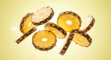 Sliced Pineapple Fruit with Yellow Flesh and Spiky Rind.