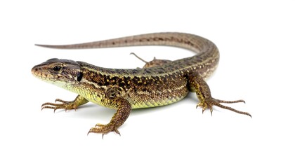 Fototapeta premium Lizard, brown and green scales, long tail, profile view