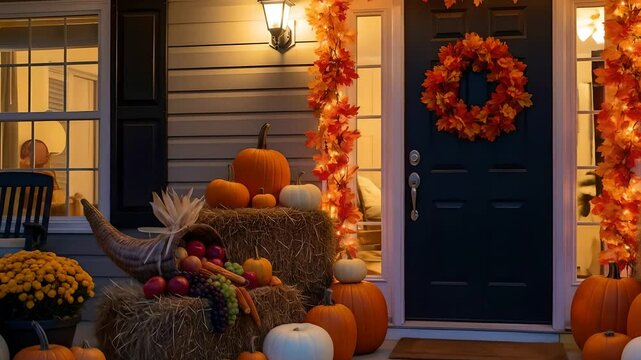 Autumn home porch decor: pumpkins, hay bales, cornucopia and fall leaves garland with lights creating warm seasonal atmosphere. Ideal for Thanksgiving, Fall festivals promotion.