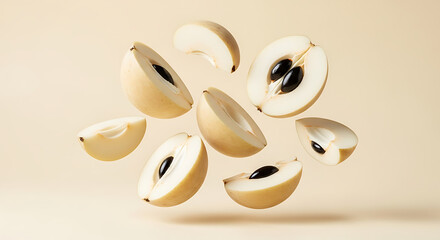 Sliced Sapodilla Fruit Pieces with Black Seeds Floating in Air.