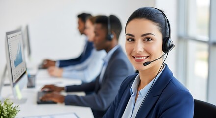 Woman with headset smiles at camera in call center with colleagues smiling customer service