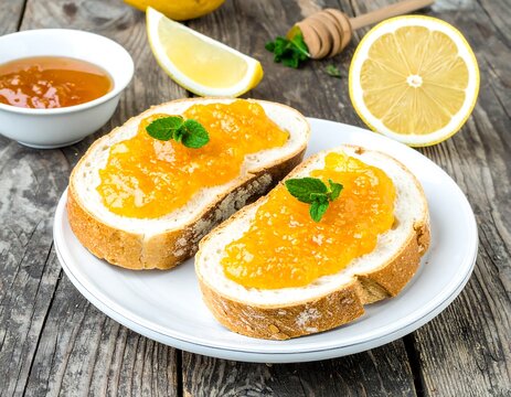 Two slices of bread topped with orange jam, mint leaves, and lemons on a wooden table