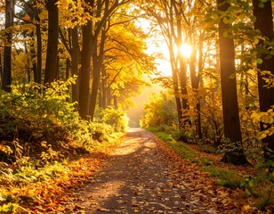 Obraz premium Forest path bathed in golden sunlight, filled with autumn foliage