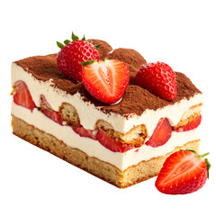 Strawberry Tiramisu Cake Slice with Mascarpone and Cocoa Isolated on White