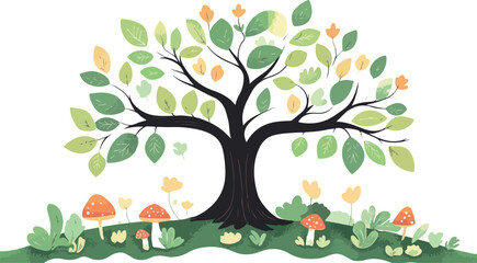 Whimsical watercolor tree with colorful leaves and enchanted forest floor mushrooms