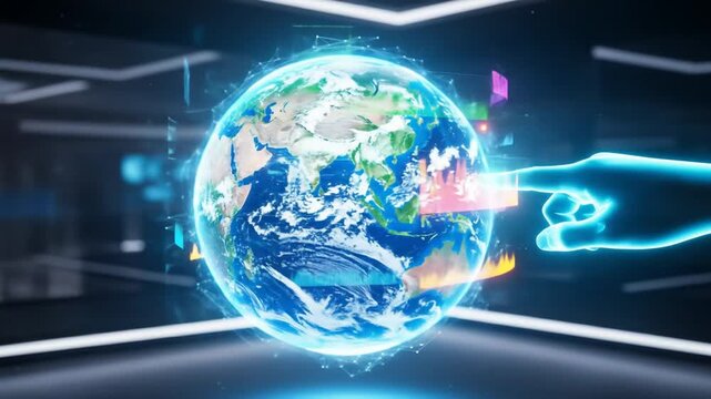 Digital world visualization with interactive data interface and global network - Powered by Adobe