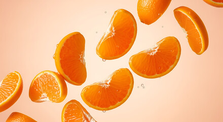 Vibrant Orange Citrus Fruit Segments and Slices Floating.
