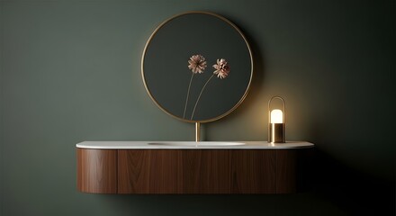 Modern oval bathroom vanity with marble countertop and gold accent mirror illuminated by a small lamp