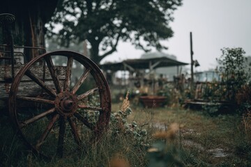 Fototapeta premium Rustic wheel in a misty garden