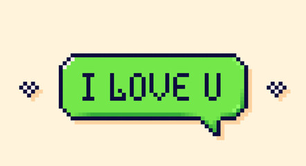 Pixel user interface speech bubble. Green I love you button.
