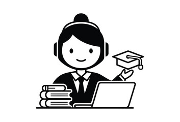 Vector illustration of female graduate student studying online with laptop and books