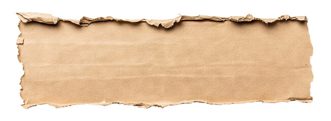 Crumpled torn strip of kraft paper with rough edges, isolated on transparent cutout background