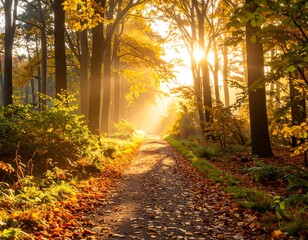 Forest path bathed in warm sunlight, fall foliage