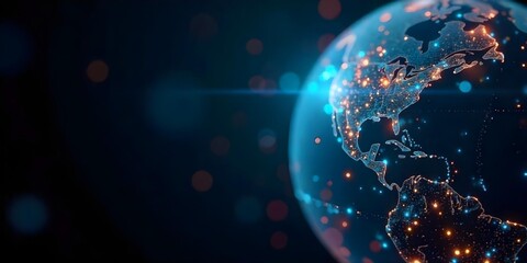 Digital globe with glowing blue light and data streams on a futuristic background, technology concept, futuristic design, global network