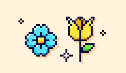Colorful simple pixel art flowers.