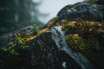 Obraz premium Close-up of mossy rocks in a misty forest