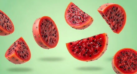 Vibrant Slices of Red Prickly Pear Fruit Floating Artfully.