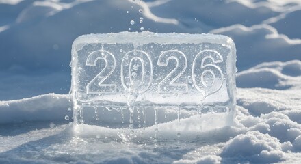 A clear ice block with the year 2026 carved into it, melting on a pristine snowy landscape under bright light.