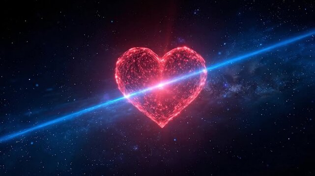 Glowing heart pierced by a blue ray in a starfield