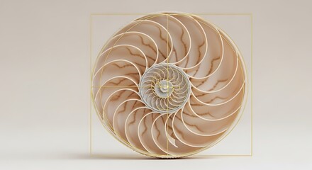 Nautilus shell cross section with golden ratio spiral and grid overlay Fibonacci sequence