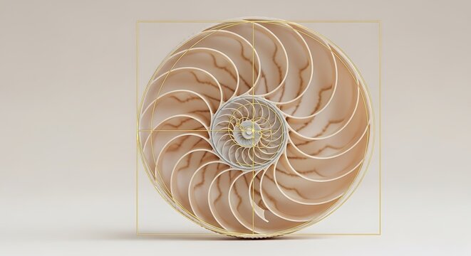 Nautilus shell cross section with golden ratio spiral and grid overlay Fibonacci sequence