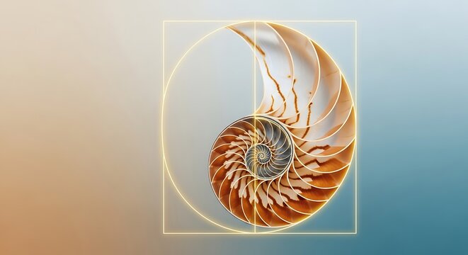 Nautilus shell cross section with golden ratio spiral overlay Fibonacci sequence