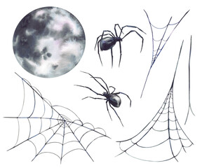 Full moon with spiders and spider webs. Realistic hand painted black grey Halloween decoration set. Illustration for party card, Horror design, biology, nature theme. Isolated from background clipart