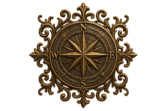 Vintage antique bronze compass rose navigating exploration