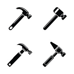 Four Black Hammer Silhouettes on White Background tool construction
