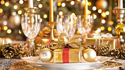 Elegant Gold Christmas Table Setting with Gift Box and Decorations