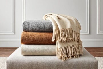Folded cozy blankets stacked on ottoman in elegant room with vintage suitcase. Elegant fall throw blankets made of cashmere and alpaca folded on a velvet ottoman, concept of comfort