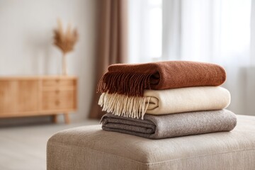 Folded cozy blankets stacked on ottoman in elegant room with vintage suitcase. Elegant fall throw blankets made of cashmere and alpaca folded on a velvet ottoman, concept of comfort