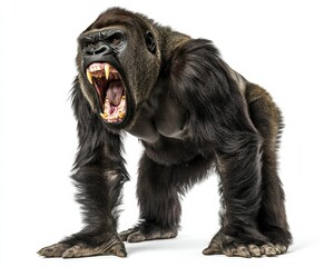 Aggressive Gorilla Roaring on White Background