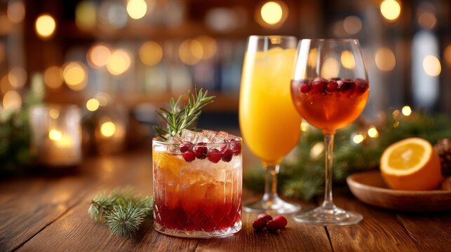 Festive holiday cocktails with fruits and herbs on wooden table and bokeh lights. elegant glasses with festive cocktails and mocktails on a decorated bar counter, cozy celebration theme
