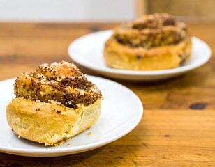 Two sweet rolls on white plates